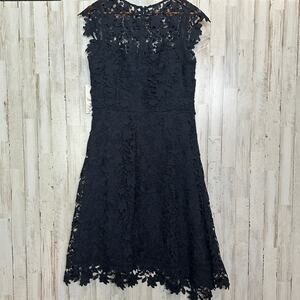 NWT Eliza J Lace Guipure Lace Asymmetrical Dress Size 12 Navy Short Sleeve $188